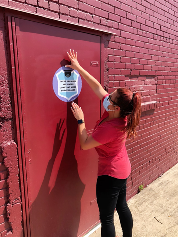 Customer door with sign