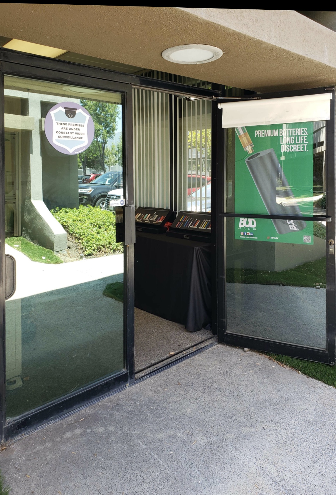 Customer door with sign